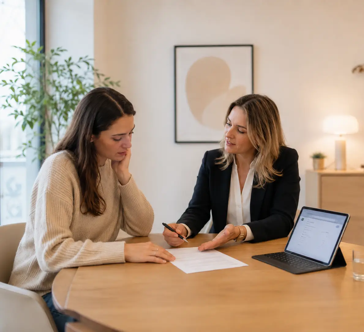 Femme s’interrogeant face à une question juridique